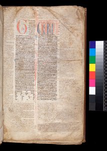 Ms 213. Gregory IX, Decretales with Apparatus av Bernardo Botone från Parma, F.1r. Initial [G] i rött med reserverad och blå pennarbetsdekoration av Italian School