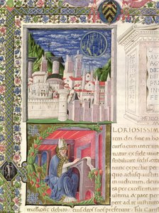 Ms 218 f.2r Utsikt över Rom som Guds stad, och St. Augustine skrift, från 