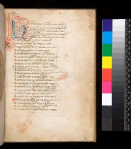 Ms 315. Horace, Ars Poetica och Epistulae, f.1r. Dekorerad initial [N] i blå och röd blöjfyllning och omgivande penna i rött av Italian School