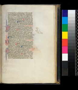 Ms 373. Pseudo-Cicero, Rhetorica ad Herennium och andra verk, f.50r. Pennblommiga initialer och en pennsmycke i marginalen föreställande en knäböjande barfotamunk, ca 1337 av Italian School