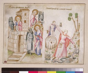 Ms 43-1950 (5v) Christs Temptation, Daniel förstör Bel, från Speculum Humanae Salvationis av Italian School