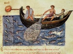 Ms Grec 479 Fishing with a Net, illustration från Halieutica av Oppian (tempera på veläng) av Italian School