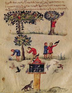 Ms Grec 479 Hunting for Birds, illustration troligen från Ixeutika av Oppian (tempera på veläng) av Italian School