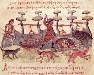 Ms Grec 479 Hunting with Nets, illustration från Cynegetica av Oppian (tempera på veläng) av Italian School