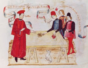 Ms H V-5 Mutar en domare, från "Book of Privileges" (vellum) av Italian School