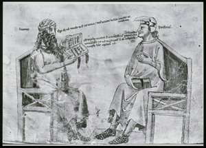 Ms Lat 6823 fol.2 Averroes (1126-98) i samtal med porfyr (c.232-c.305) (penna & bläck och tvätt på papper) av Italian School