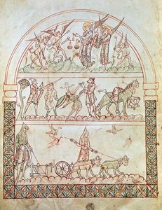 Ms. Plut. 12.17, c. 1b, Den jordiska staden med mänsklighetens svårigheter och olyckor och en själs dom, från Guds stad av St Augustine, 1000-1100-talet av Italian School
