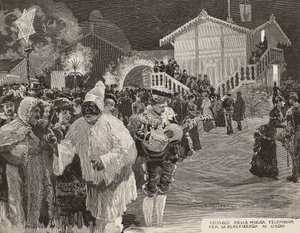 Musikkiosk för att samla in pengar till blinda, Pulcinella-mask, karneval i Neapel, Italien, gravyr från teckning av Matania, gravyr av Gamberoni från L