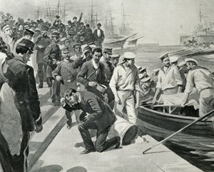 Myteri på det ryska slagskeppet Potemkin som går i land i hamnen i Constanta i Rumänien, Illustration från L