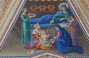 Marias födelse, mosaik, gavel av sidoingång, mosaik, fasad av Orvieto-katedralen, Umbrien, Italien av Italian School