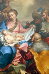 Julkrubba. Tillbedjan av magi. Färsk. Santa Maria delle Vigne basilikan. Genua. Italien. av Italian School