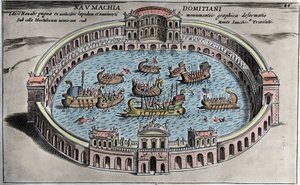 Naumachia, sjöstrid i en amfiteater i Rom. av Italian School