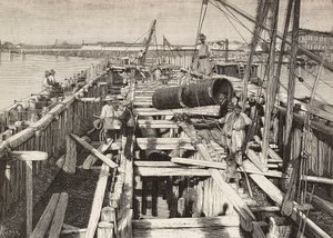 Ny akvedukt i Venedig, lägger kanalen i lagunen, Italien, gravyr från ritning av Riera, från L
