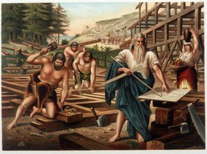 Noe och hans familj bygger arken (Noe tittar på konstruktionsplanen) i "" Golden Classic Bible: History of Divine Revelation in the Ancient and New Tesiamento "" "av Giovanni Ladislao Sykora (vol 1), översatt av Don Clemente Benetti (Italien av Italian School