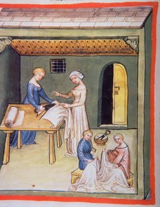 Nova 2644 fol.105v Skräddarbutiken: Kläder av linne, från Tacuinum Sanitatis av Italian School