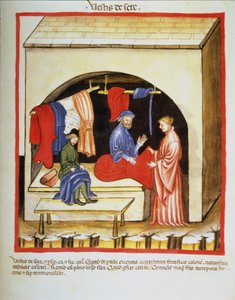 Nova 2644 fol.106r Skräddarbutiken: Silkekläder, från Tacuinum Sanitatis av Italian School