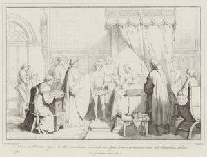 Obizzo da Polenta Signor di Ravenna lämnar döende, hans son Ostasius III rekommenderade att ... (gravyr) av Italian School