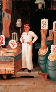 Gammal metier: pastaförsäljarens butik. Anonym detrampe. 1800-talet 1800-talets Nationalmuseum för Pasta, Agnesi Foundation, Rom av Italian School