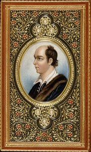 Ovalt miniatyrporträtt av Oliver Goldsmith, inramat med förgyllda trefoils satt med tre pärlor, 1831 av Italian School
