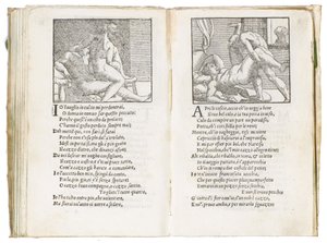 Sida från "Sonetti Lussuriosi" av Pietro Aretino, illustrerad av Giulio Romano och graverad av Marcantonio Raimondi, publicerad i Venedig, ca 1527 av Italian School