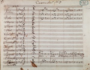 Sida med musik från akt I av operan "Olivo e Pasquale", av Gaetano Donizetti (bläck på papper) av Italian School