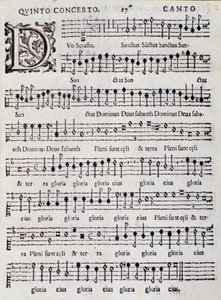 Sida med partitur av Concerto 5 i "" French Songs "" av Adriano Banchieri av Italian School