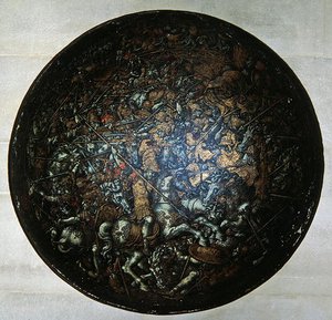 Pageant Shield med scener från romersk historia (målat trä)