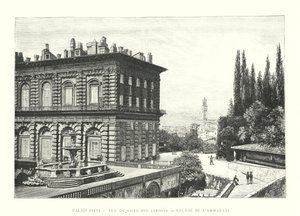 Pitti Palace, utsikt från sidan av trädgårdarna, fasaden på Ammanati (gravyr) av Italian School