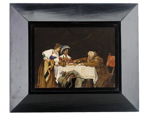 Panel som föreställer en kavaljer och en munk vid ett middagsbord med en närvarande dam, Menegatti, Florens, sent 1800-tal (pietra dura) av Italian School