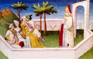 Paradise Garden, illustration från "The Travels of Marco Polo", av Rustichello da Pisa (tempera på veläng) av Italian School