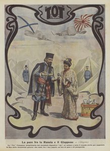 Fred mellan Ryssland och Japan (färglitografi) av Italian School