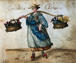 Bonde med gårdsdjur i korgar, Kvinnlig bonde från Padua, färgillustration från 1500-talet av Italian School