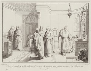Pietro Orseolo I överger sin tron ​​och sitt hemland för att bli munk i Frankrike, 978 (gravyr) av Italian School
