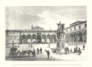 Santissima Annunziatas torg och kyrka, med portiken hos Hospice des Enfants-Trouves (gravyr) av Italian School