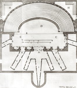 Plan av den olympiska teatern, Vicenza, designad av Andrea Palladio (1508-80) byggd 1580-85 av Italian School