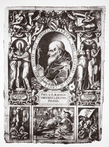 Påven Pius V, med vinjetter från slaget vid Lepanto, från Vita del Gloriosissimo Papa Pio Quinto, pub. 1586 av Italian School