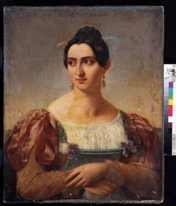 ""Porträtt av en kvinna"" (Kvinnoporträtt) Ung kvinna från den italienska adeln, klädd i en klänning med band på axlarna. Målning av den italienska skolan från början av 1800-talet. Pushkin-museet, Moskva av Italian School