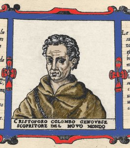 Porträtt av Christopher Columbus (1451-1506), detalj av Atlas of Urbano Monte av Italian School