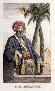 Porträtt av Giovanni Battista (Gianbattista) Belzoni (1778-1823), italiensk upptäcktsresande och arkeolog, som gjorde viktiga arkeologiska upptäckter i Egypten. Gravyr - i "" Resan till Egypten och Nubien "" av Belzoni, Milano av Italian School