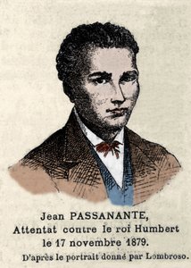 Porträtt av Giovanni Passannante (1849-1910) som utförde attacken mot den italienske kungen Umberto I (Humbert I) i Neapel 1878 efter det porträtt som ritats av Cesare Lombroso (1835-1909). Denna händelse inspirerade poeten Giovanni Pascoli (1855-1912) i e av Italian School