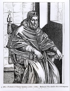 Porträtt av påven Sixtus V (1520-90) illustration från "Vetenskap och litteratur under medeltiden och renässansen", skriven och graverad av Paul Lacroix, 1878 av Italian School