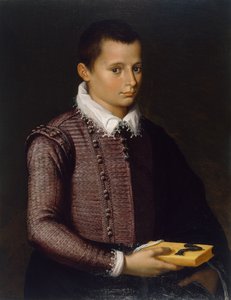 Porträtt av en pojke som håller en bok (olja på lindträpanel)
