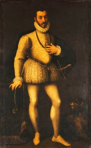 Porträtt av en gentleman, i full längd, iklädd en broderad vit jerkin, en mantel och ett svärd, ca 1580 av Italian School