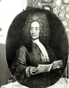 Porträtt av kompositören Tomaso Giovanni Albinoni (1671-1751) håller ett partitur av Italian School