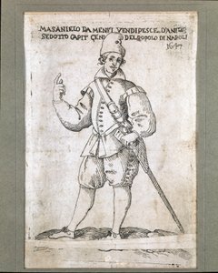 Porträtt av den napolitanske fiskaren och revolutionären Masaniello (1623-1647) (Porträtt av Masaniello, napolitansk fiskare och ledare för upproret mot det habsburgska styret i Neapel 1647) Gravyr av 1600-talets Museo Nazionale di San Martino Neapel av Italian School