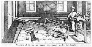 Projicera bilden av solen genom ett brytande teleskop för att studera solfläckar, illustration från Rosa Ursina av Christoph Scheiner, publicerad 1630