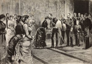 Drottning Margherita och Umberto I tar emot kronprinsen av Tyskland (blivande Fredrik III) i Quirinale, Rom, Italien, gravyr från teckning av Dante Paolocci, från L