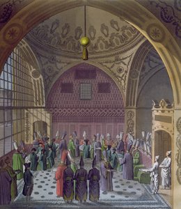 Mottagande av de västra ambassadörerna av sultanens storvesir i Konstantinopel, ca 1820 (färgstick) av Italian School