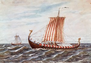 Rekonstruktion av vikingabåtar från 1000-talet (lito i färg) av Italian School