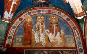 Representation av Saint Stephen, kristen martyr, Saint Thomas Becket (1118-1170), ärkebiskop av Canterbury och Saint Nicholas av Myra eller Bari (270-345) Anonym fresk (1200-talet) Nedre kyrka. Klostret Saint Benedetto (Sacro Speco), Subiaco (Rom av Italian School